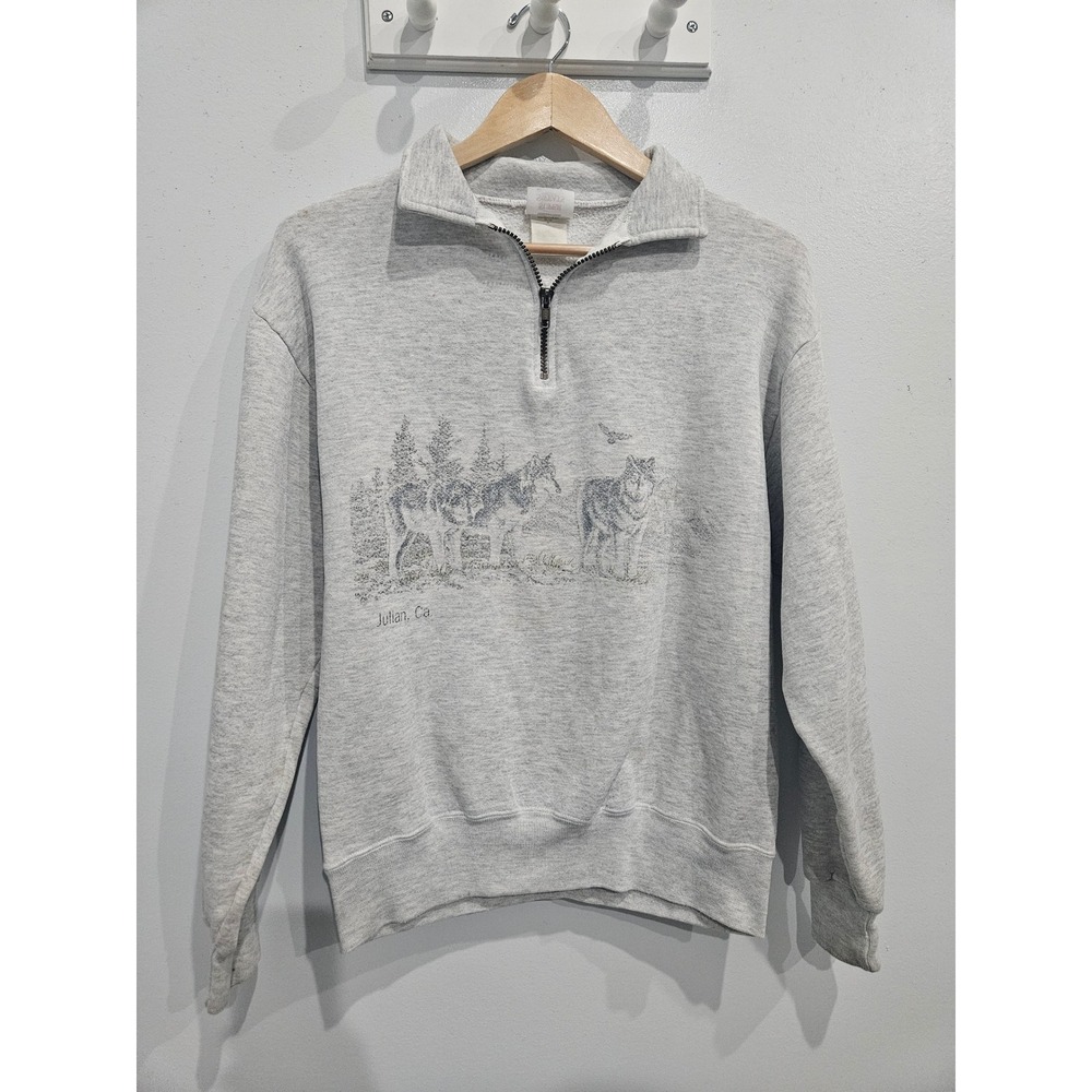 Vintage Jerzees Super Sweats Wolf Graphic Quarter Zip Pullover Gray Medium